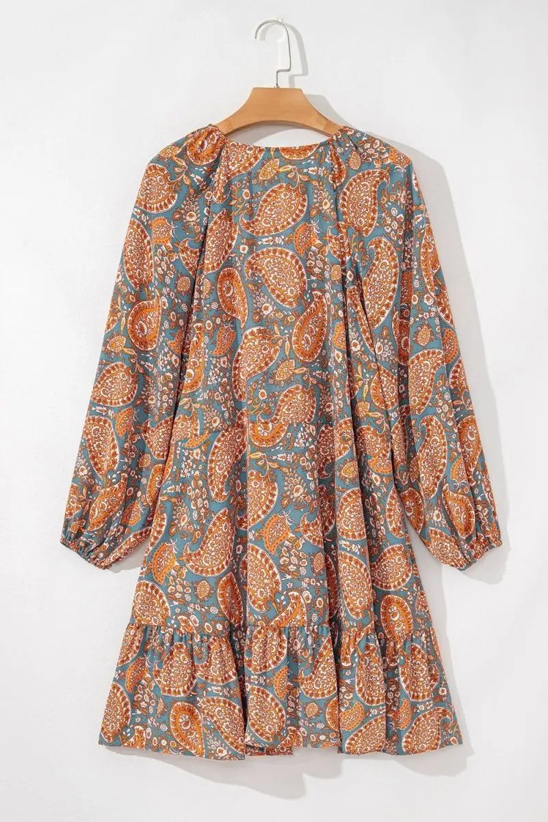 Orange Paisley Print Loose Fit Drawstring High Waist Mini Dress - Love Salve